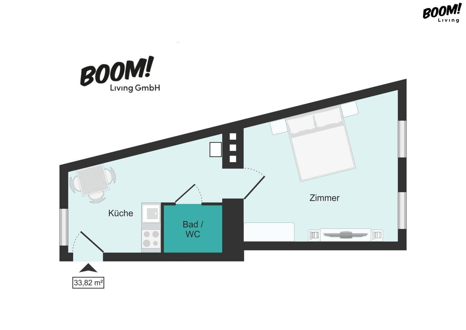 Grundriss einer Wohnung mit Küche, Bad und Zimmer, Gesamtfläche 33,82 m².