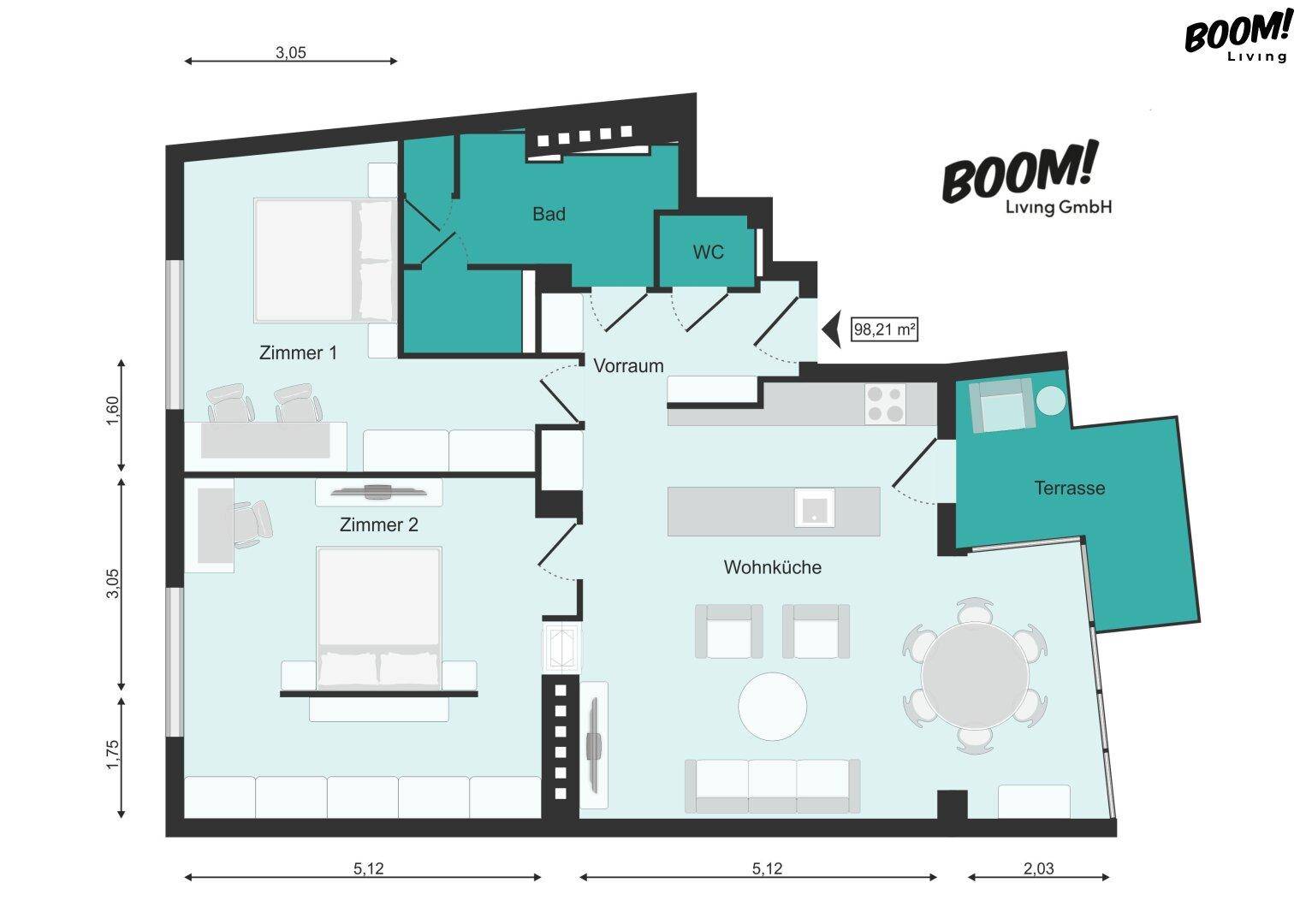Grundriss einer Wohnung mit zwei Zimmern, Wohnküche, Bad, WC und Terrasse.