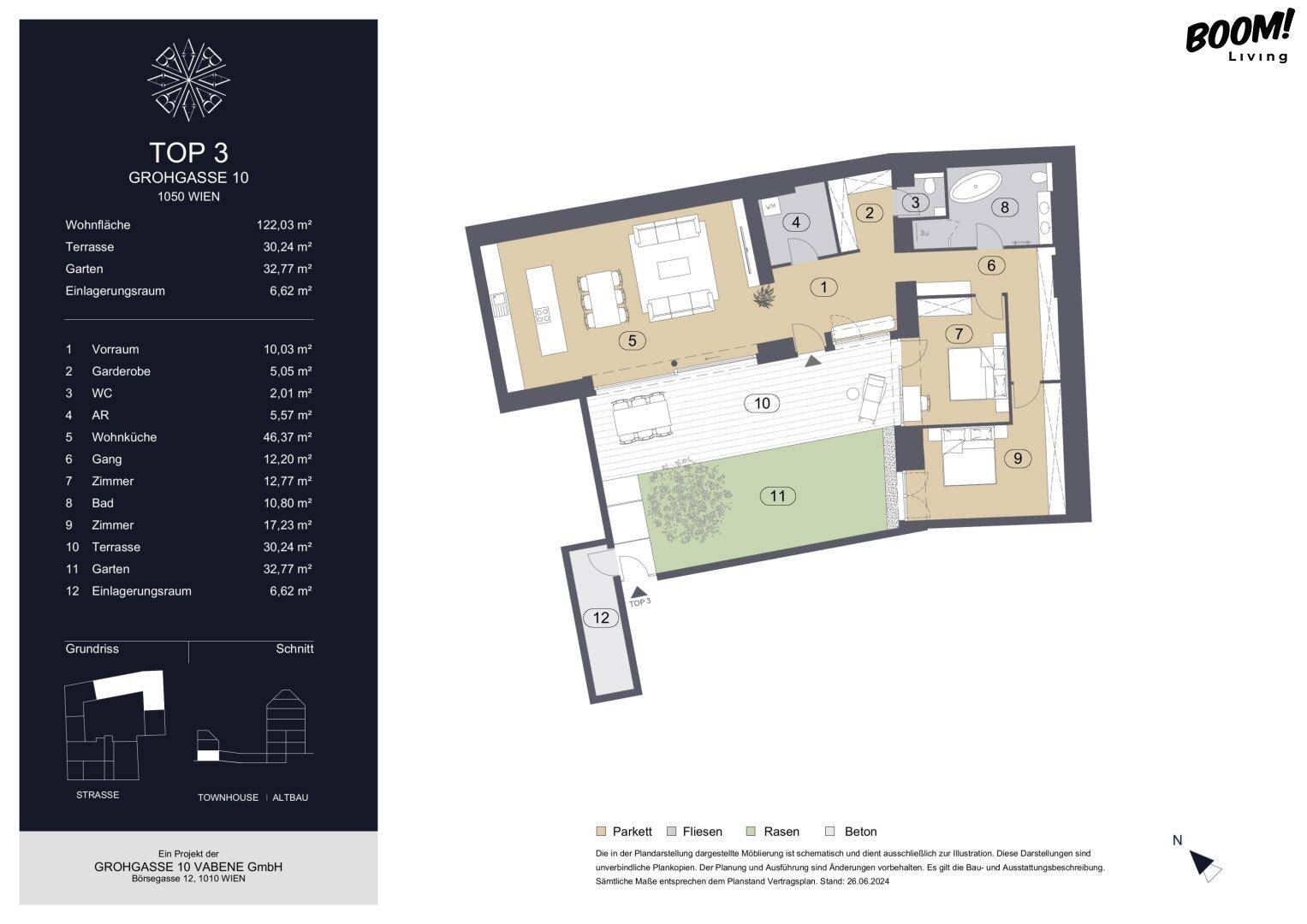 Detaillierter Grundriss der Wohnung Top 3 mit Wohnküche, Terrasse und Garten.
