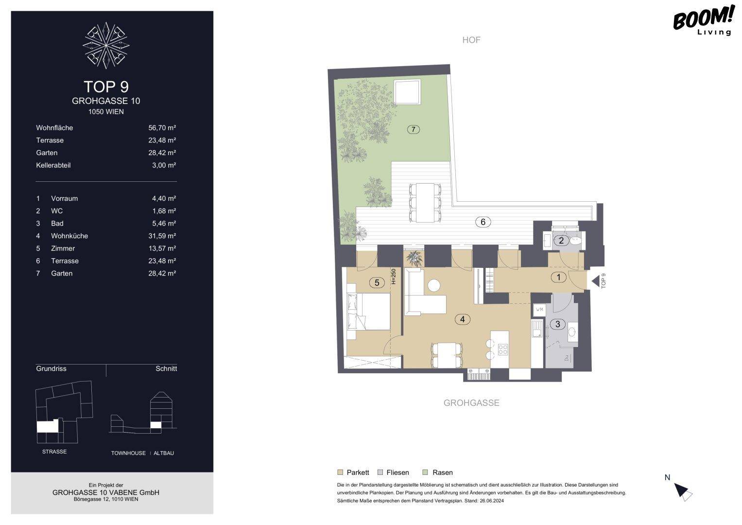 Grundriss der Wohnung Top 9 mit Wohnküche, Terrasse, Garten und separatem WC.