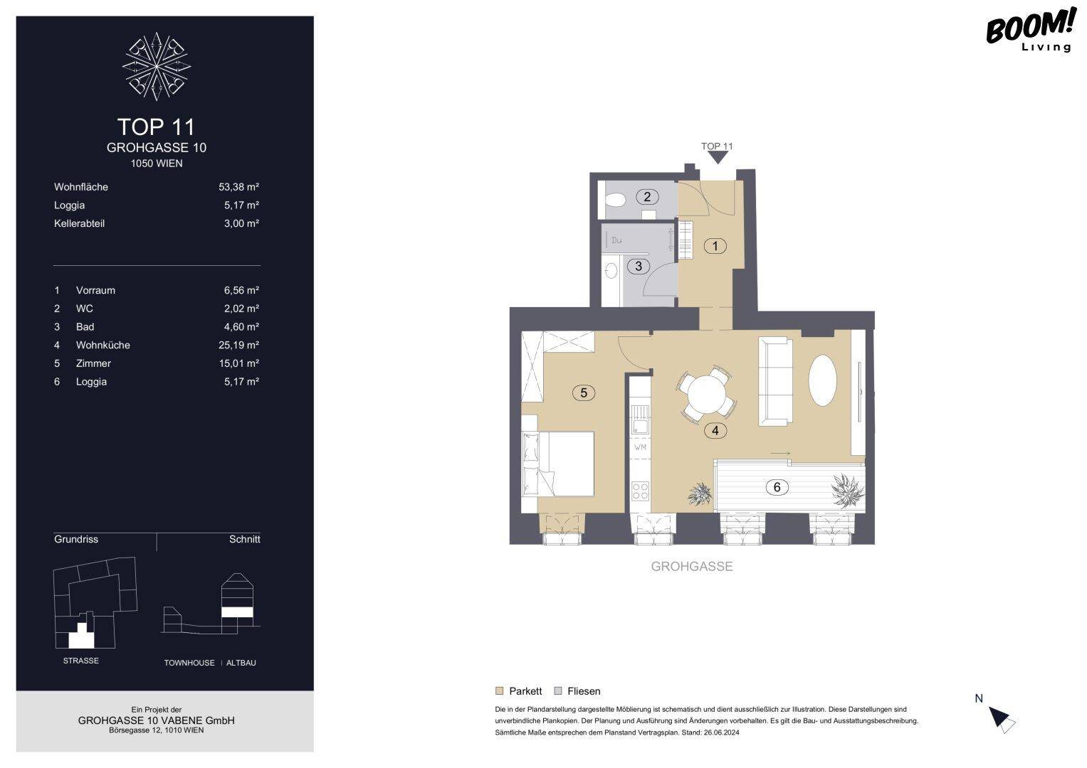 Detaillierter Grundriss der Wohnung Top 11 mit Wohnküche, Zimmer und Loggia.