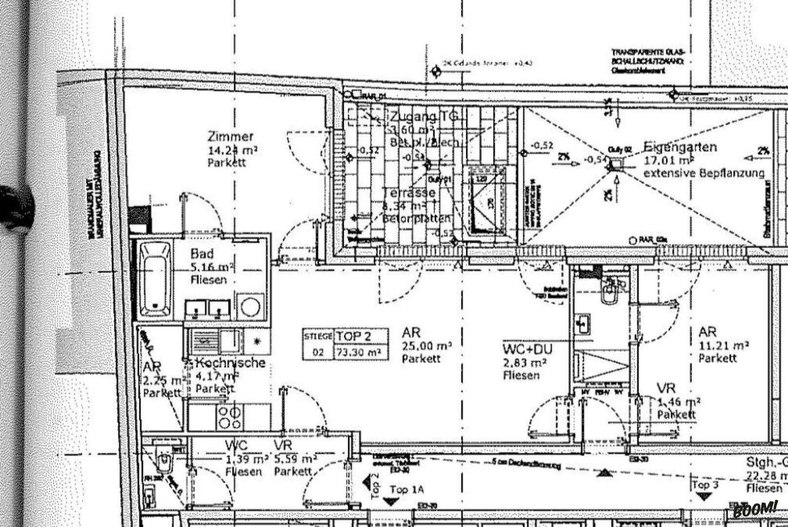 Grundriss einer Wohnung mit Terrasse, Garten und mehreren Zimmern.