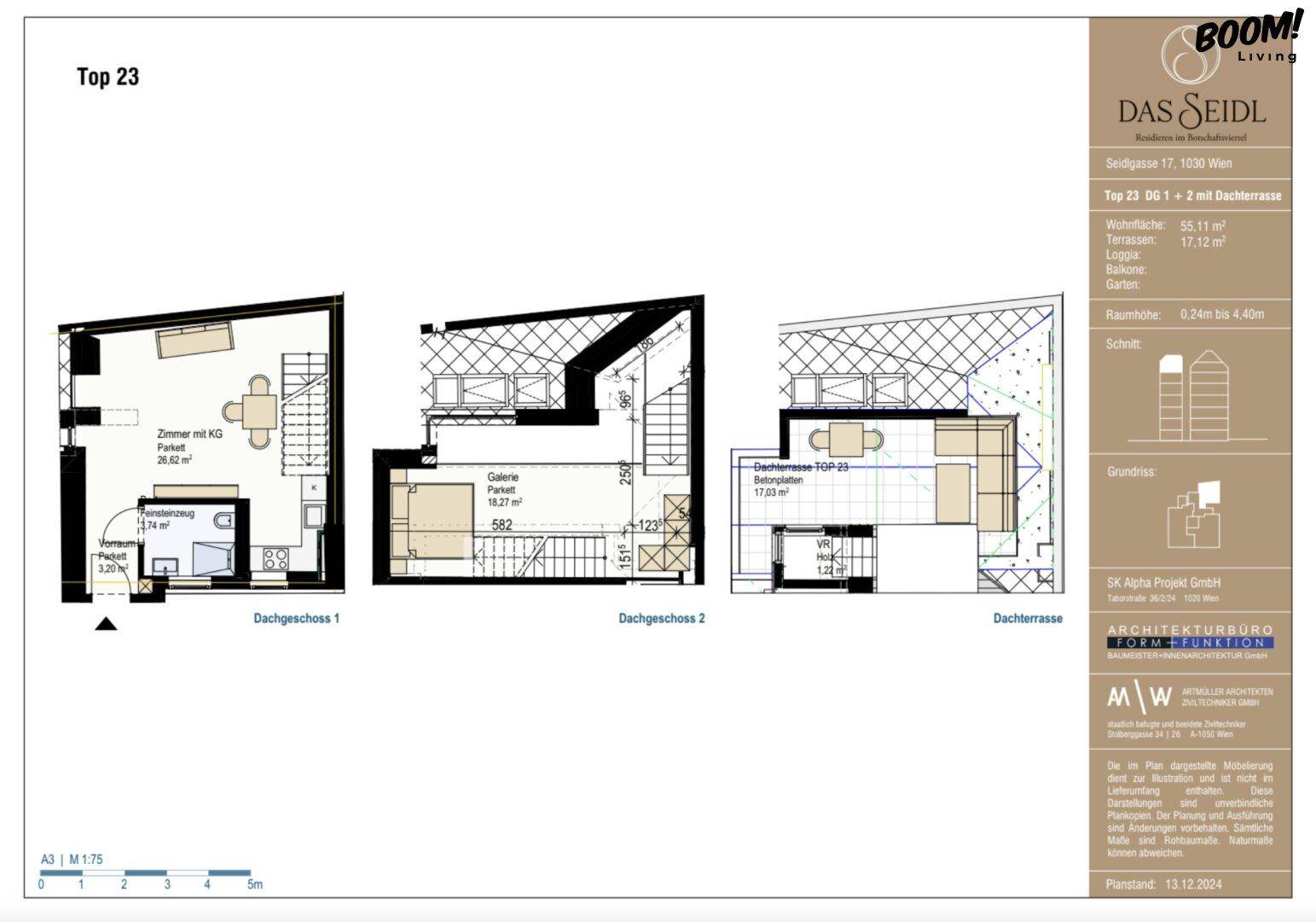 Grundriss der Maisonette-Wohnung "Top 23" mit zwei Dachgeschossen und Dachterrasse.