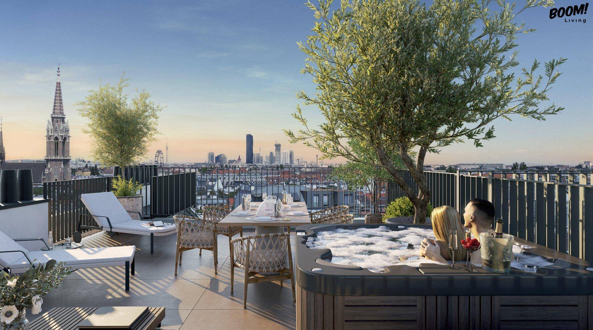 Geräumige Dachterrasse mit Whirlpool, Essbereich, Liegestühlen und weitem Stadtblick.