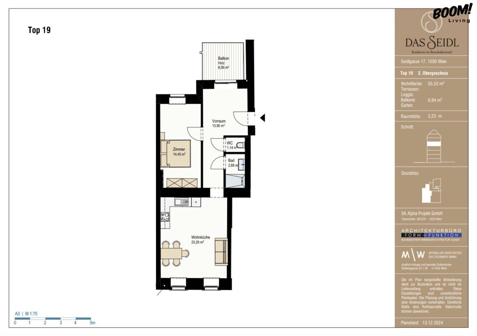 Grundriss zeigt eine Wohnung mit Balkon, Wohnküche und separatem WC.