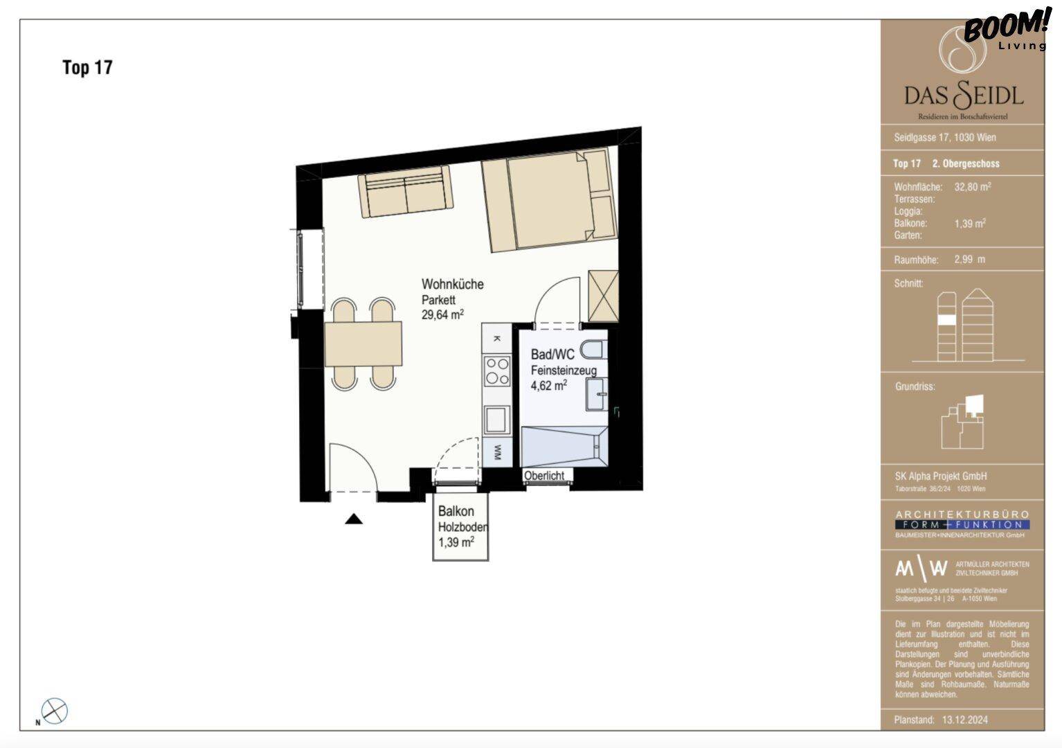 Grundriss einer Wohnung mit Wohnküche, Bad und Balkon im Obergeschoss.