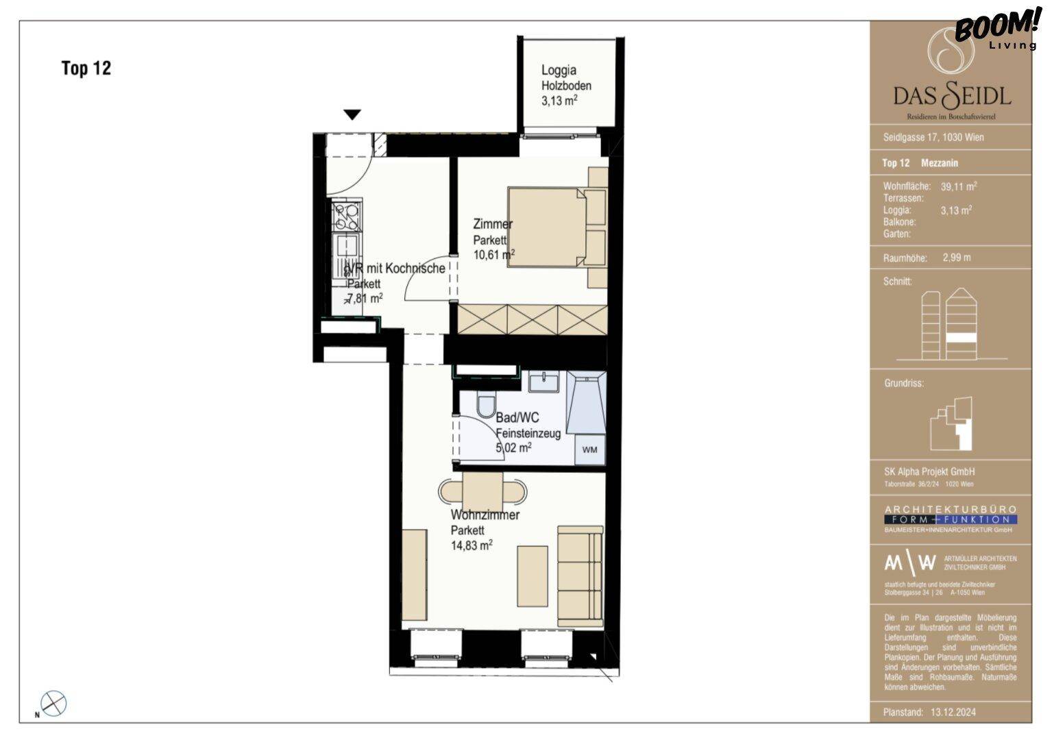 Grundriss der Wohnung "Top 12" mit Loggia, Schlafzimmer und offenem Wohnbereich.