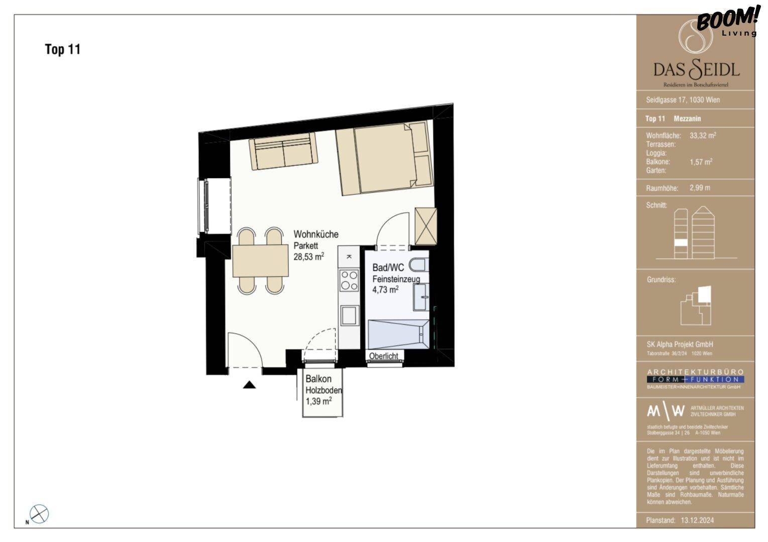 Grundriss einer Wohnung mit Wohnküche, Bad und Balkon, effizient aufgeteilt.