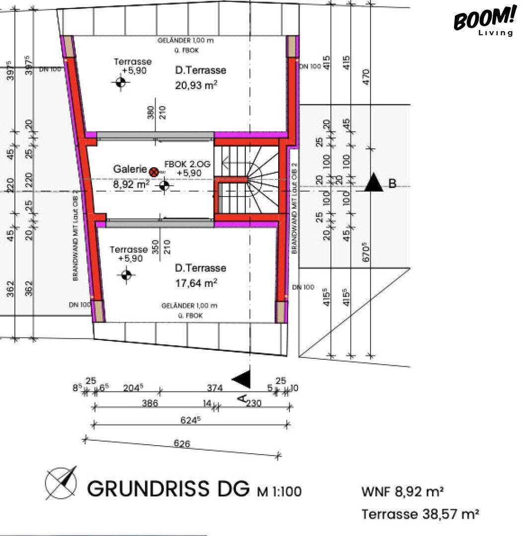 Grundriss des Dachgeschosses mit zwei großzügigen Terrassen und einer offenen Galerie.