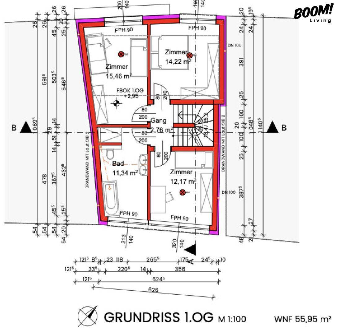 Grundriss des ersten Obergeschosses mit mehreren Schlafzimmern, einem Badezimmer und Balkonzugang.