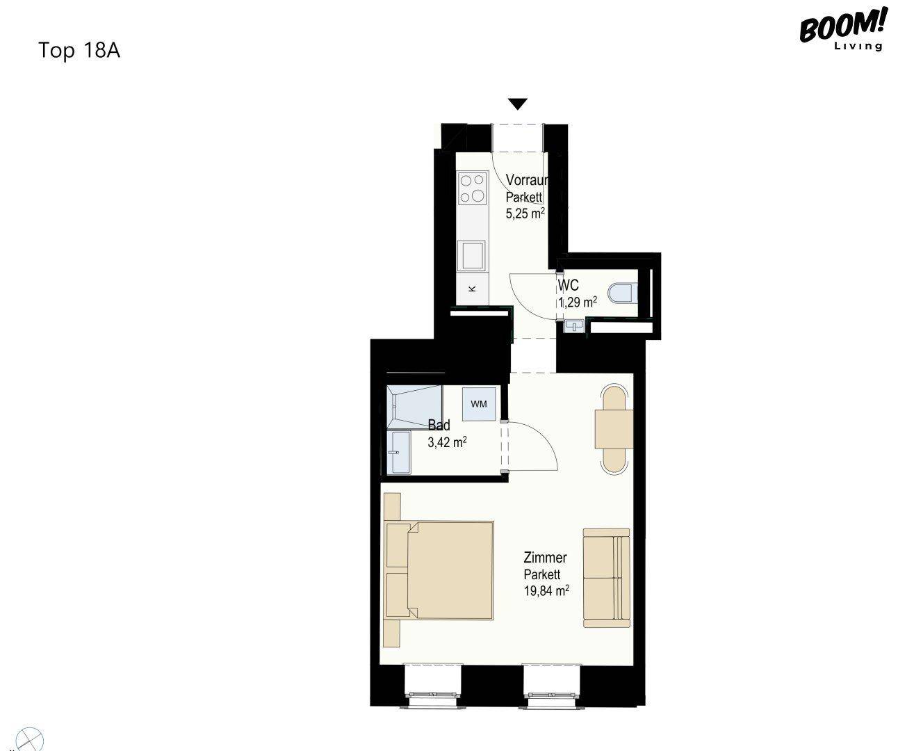 Grundriss der Wohnung Top 18A mit Schlafzimmer, Bad und separatem WC.