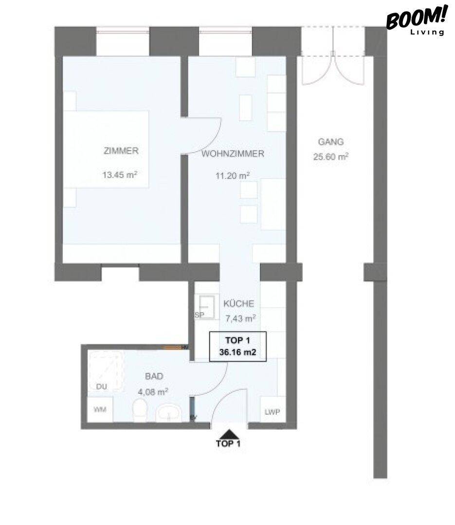 Grundriss einer Wohnung mit einem Schlafzimmer, Wohnzimmer, Küche und Bad mit Dusche.