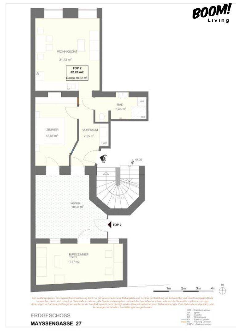 Grundriss des Erdgeschosses mit Wohnküche, Zimmern, Bad, WC und Gartenflächen.