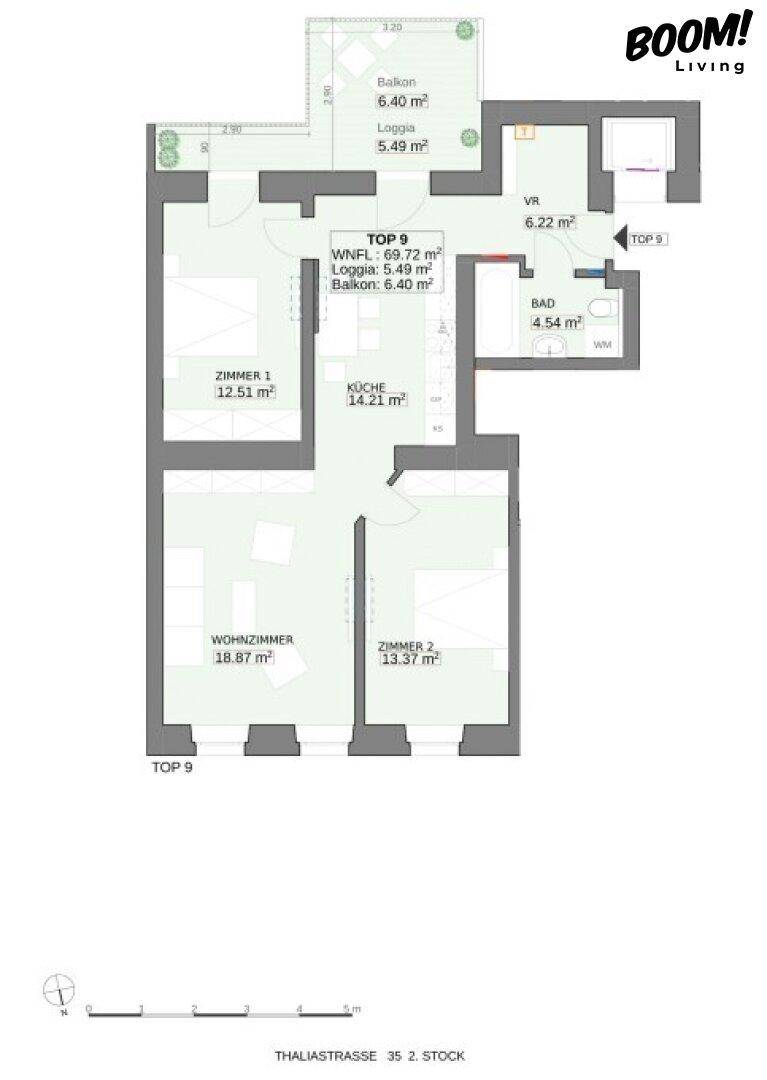 Grundriss der Wohnung Top 9 mit Balkon, Loggia und drei Zimmern.