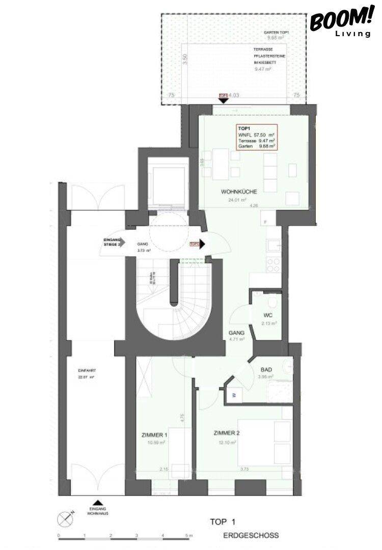 Grundriss der Erdgeschosswohnung mit offener Wohnküche, zwei Zimmern, Bad und großer Terrasse mit Garten.