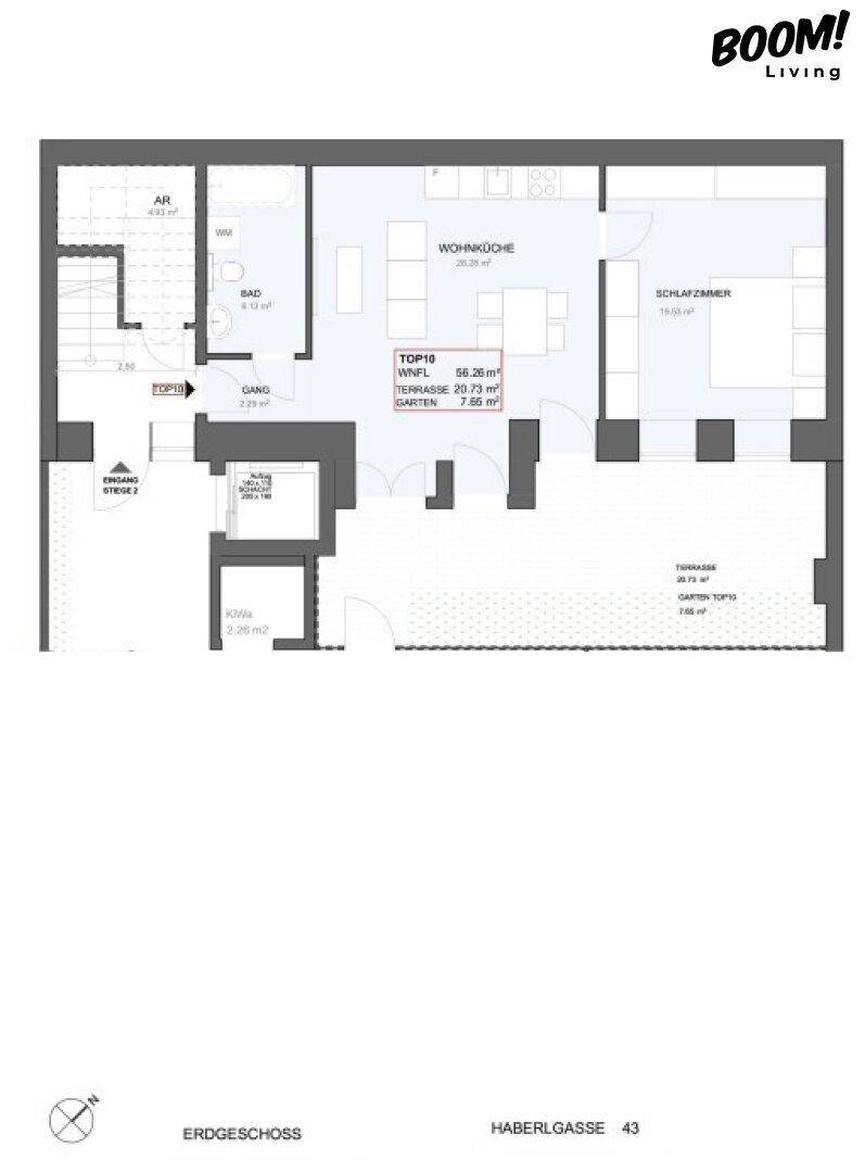 Grundriss einer Erdgeschosswohnung mit Wohnküche, Schlafzimmer und Zugang zu Terrasse und Garten.