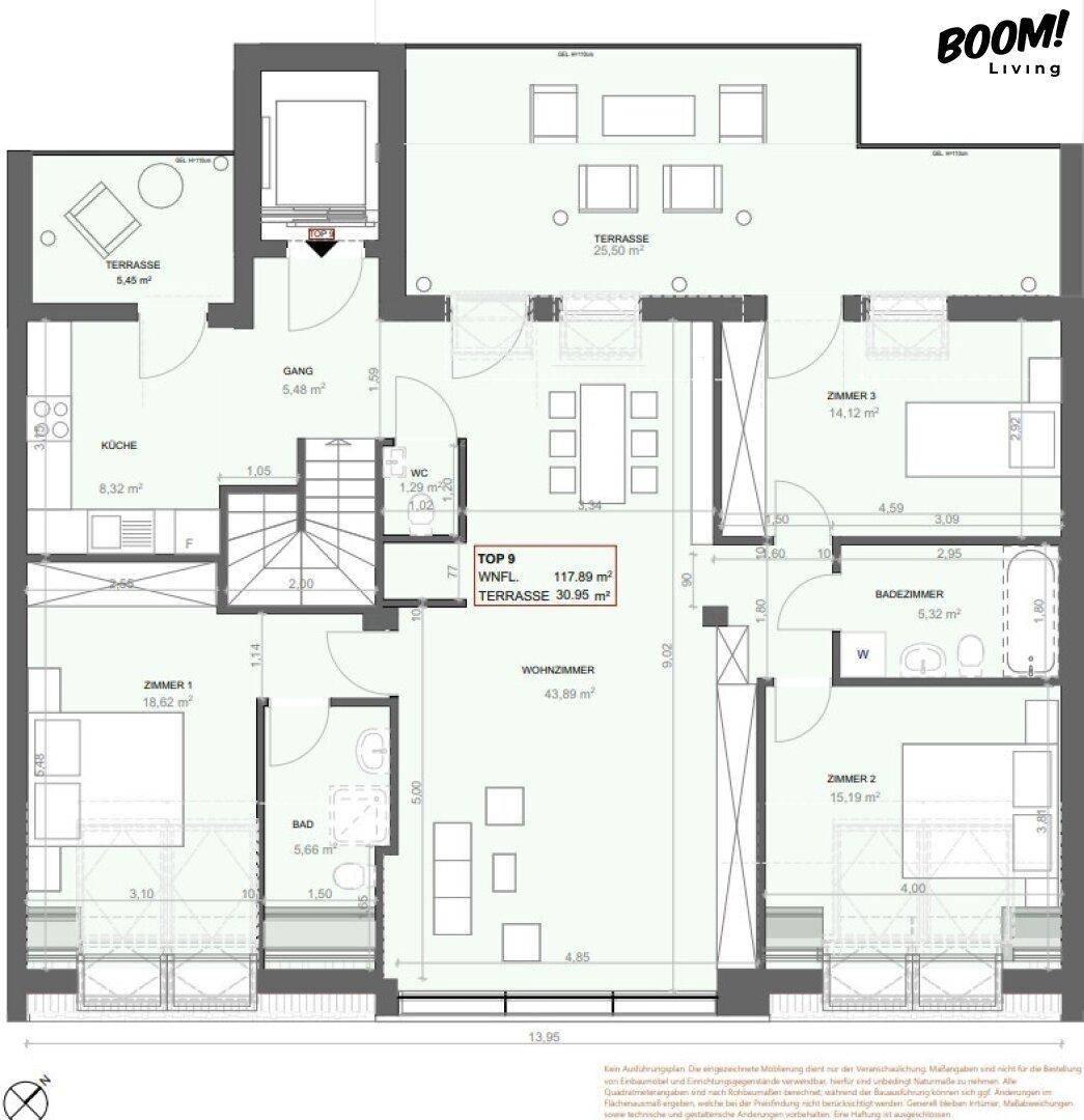 Geräumiger Grundriss mit drei Schlafzimmern, zwei Bädern, separatem WC und großem Wohnbereich mit Zugang zu zwei Terrassen.