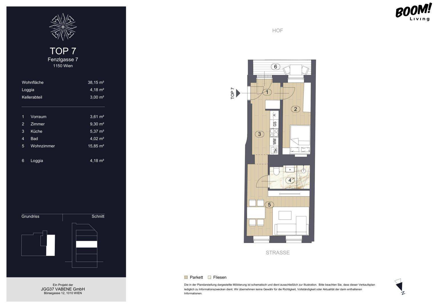 Grundriss der Wohnung TOP 7 mit Loggia, Wohnzimmer und separater Küche.