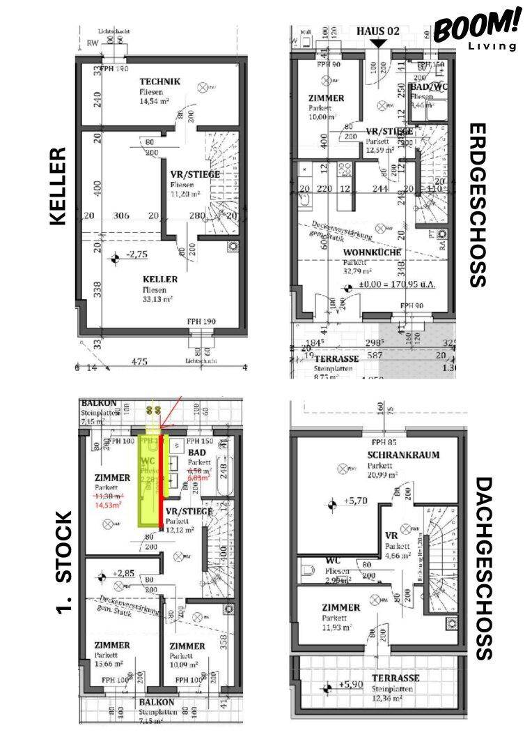 Detaillierter Grundriss über vier Etagen mit Keller, Erdgeschoss, 1. Stock und Dachgeschoss.