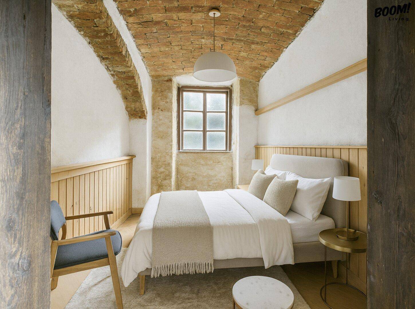 Gemütliches Schlafzimmer mit einzigartiger Gewölbedecke aus Ziegeln und Holzakzenten.