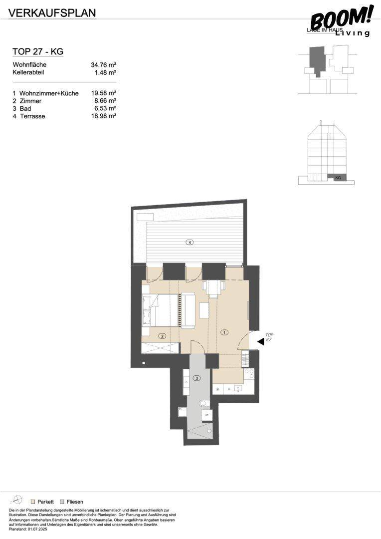 Grundrissplan einer Wohnung mit einem Schlafzimmer, offenem Wohnbereich und großer Terrasse.