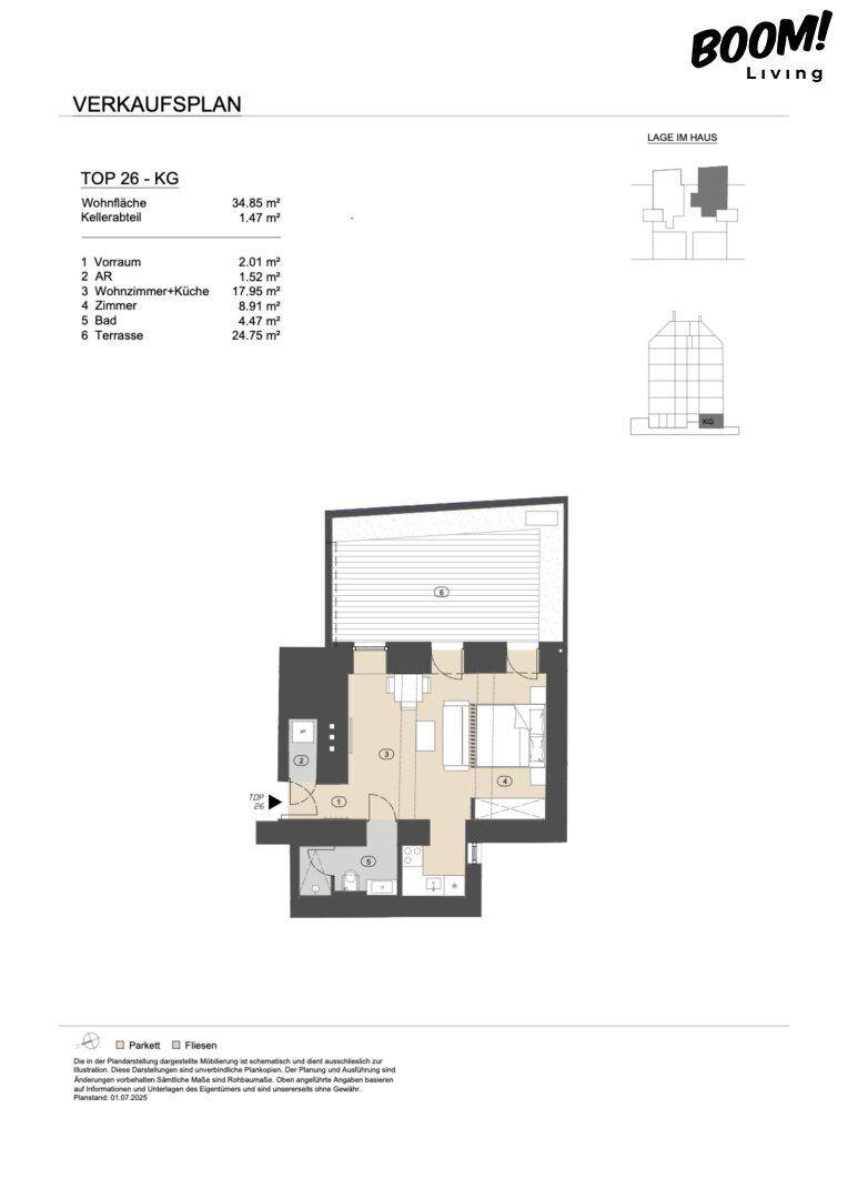 Grundrissplan einer Wohnung mit offenem Wohnbereich, zwei Bädern und großer Terrasse.