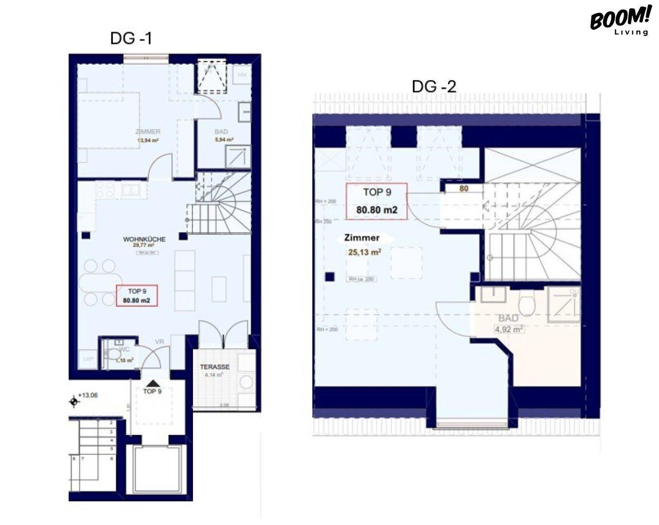 Grundrisspläne für zwei Dachgeschosse mit Zimmern, Bad und Terrasse.