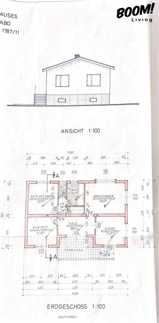 Detailansicht des Einreichplans mit Erdgeschoss-Grundriss und Gebäudeansicht im Maßstab 1:100.