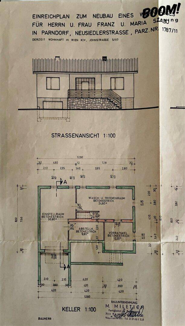 Ausschnitt des Einreichplans mit Straßenansicht und Kellergrundriss im Maßstab 1:100.