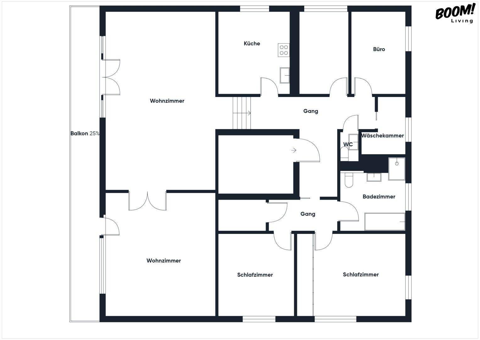 Übersichtlicher Grundriss mit mehreren Zimmern, Balkon, Badezimmer und separatem WC.