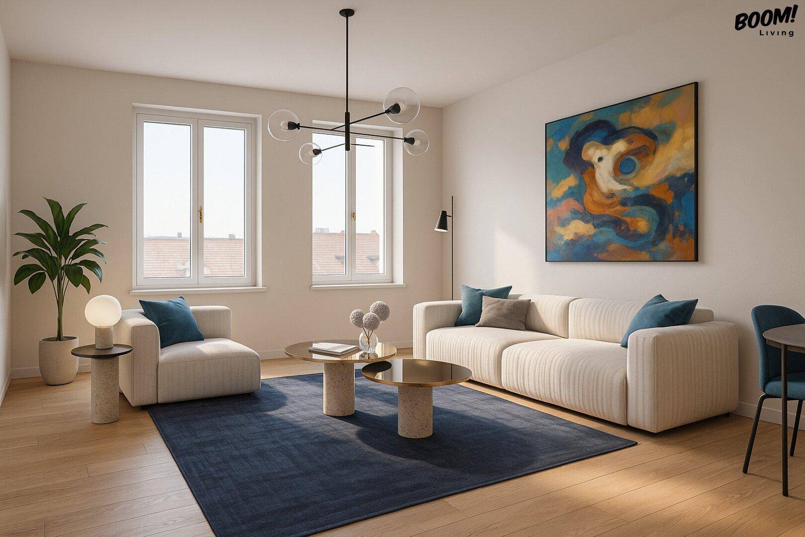 Helles Wohnzimmer mit modernem Sofa, farbenfrohem Kunstwerk, großem Teppich und großen Fenstern.