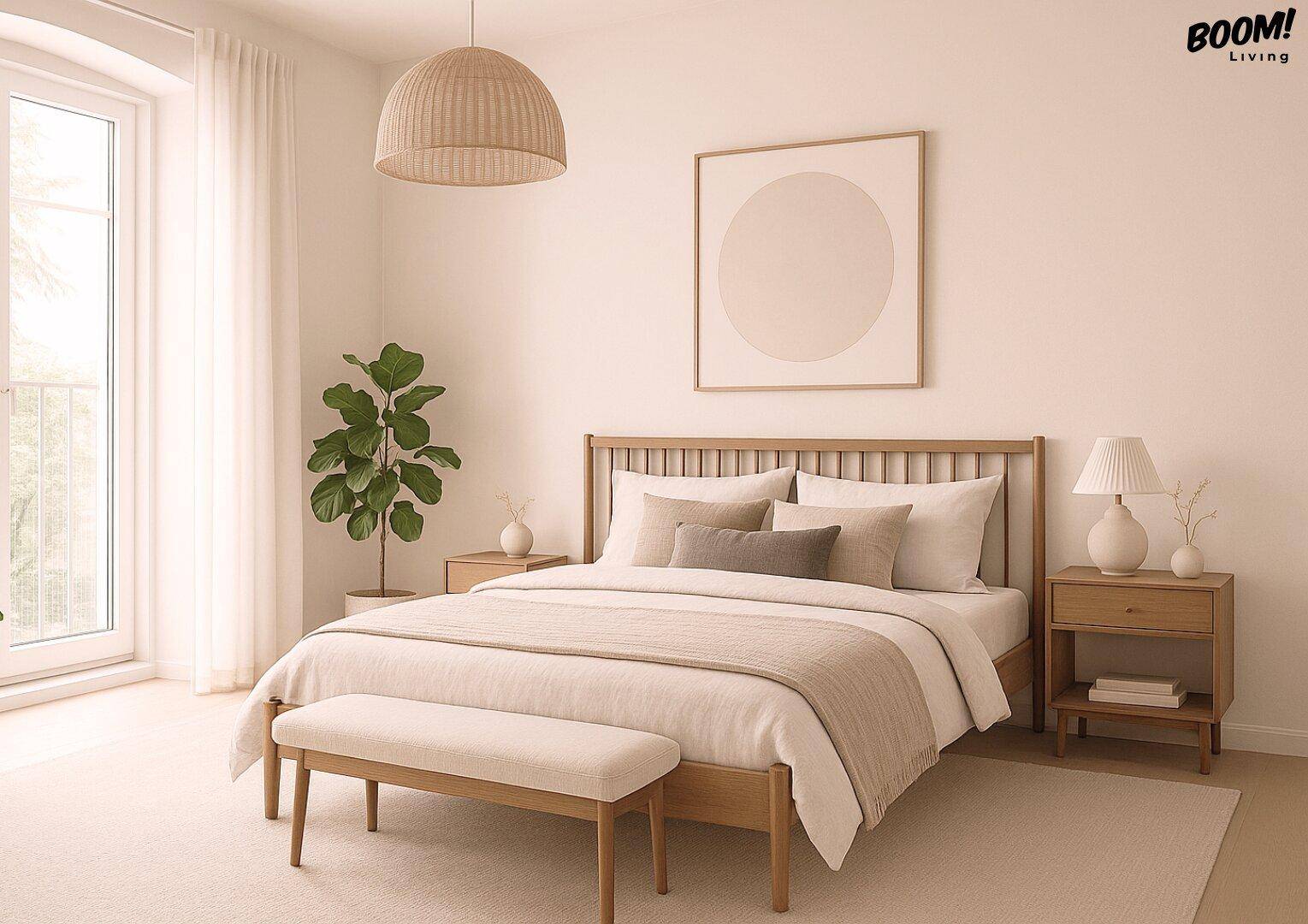 Gemütliches Schlafzimmer mit Holzbett, hellem Teppich und Zugang zu einem französischen Balkon.