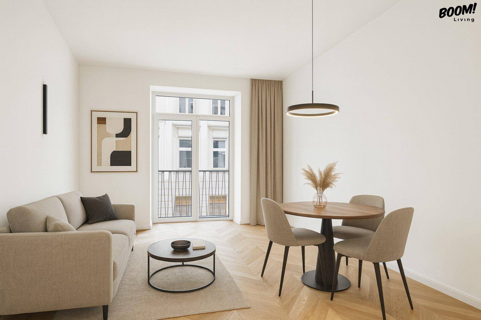 Moderner Wohn-Essbereich mit beigem Sofa, Esstisch und Zugang zu einem französischen Balkon.