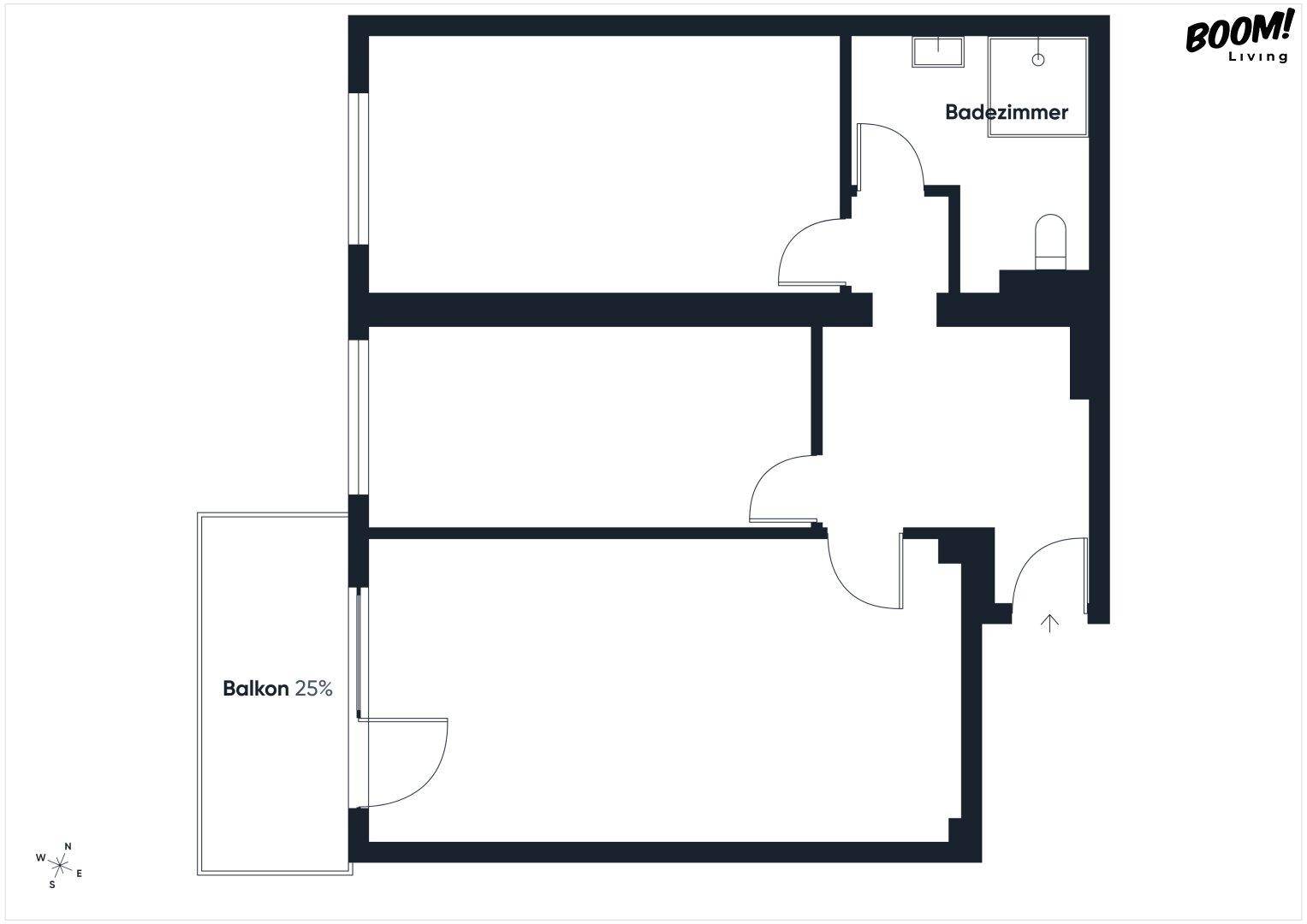 Grundriss einer Wohnung mit Badezimmer, Balkon und zwei weiteren Räumen.