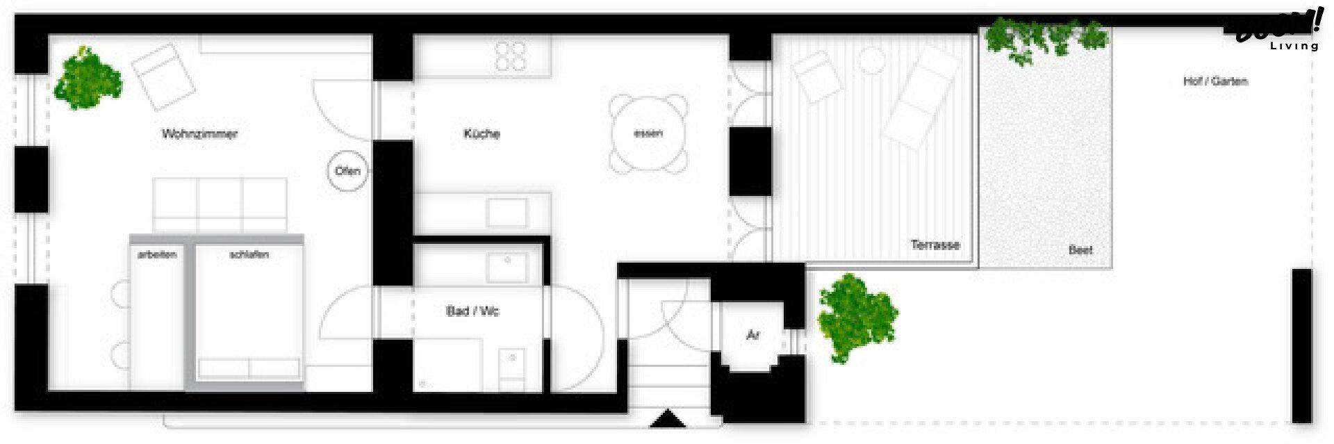 Detaillierter Grundriss der Wohnung mit Wohnzimmer, Küche, Essbereich, Terrasse und Garten.
