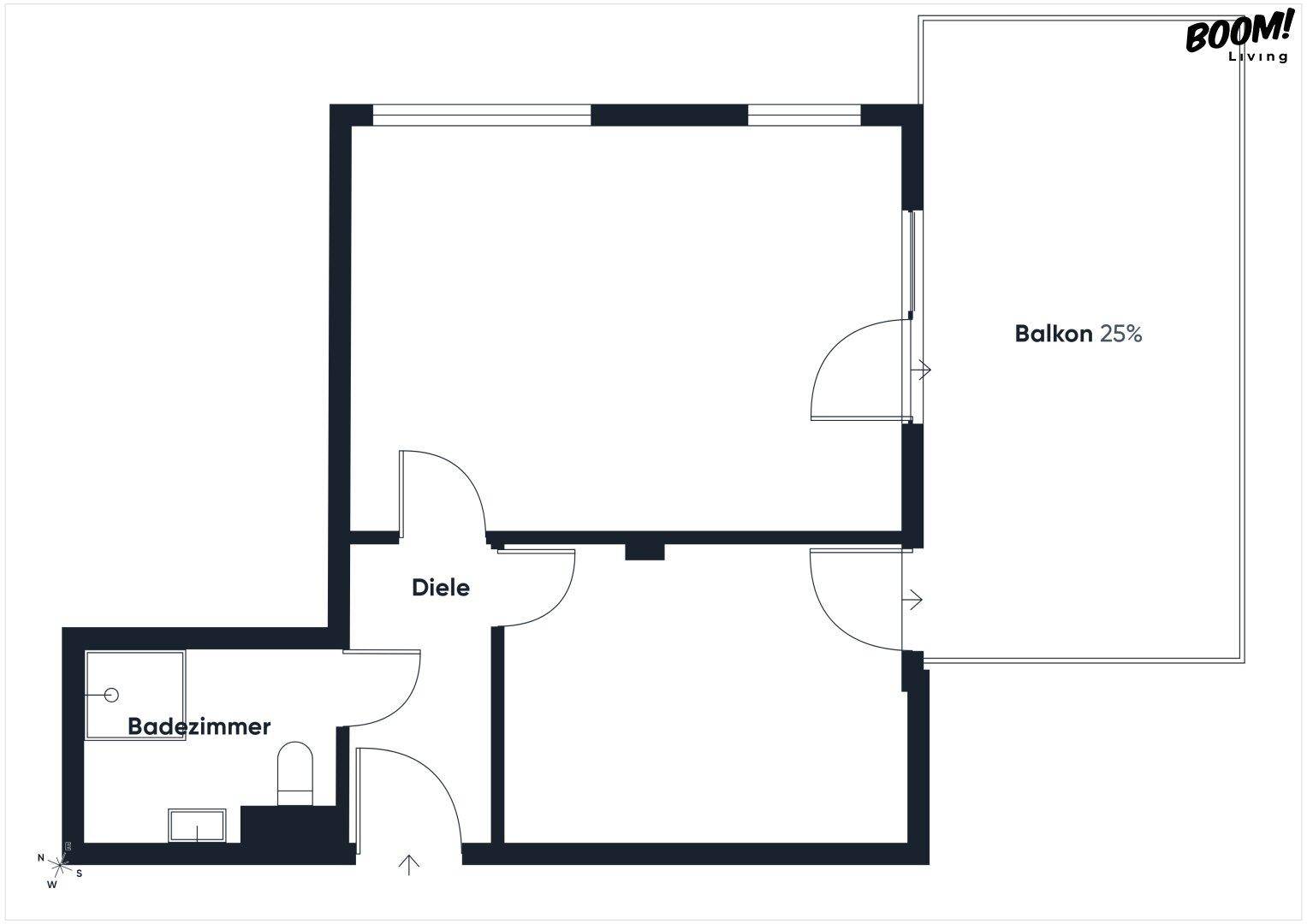Grundriss einer Wohnung mit Badezimmer, Diele und Balkon, zeigt die Raumaufteilung.