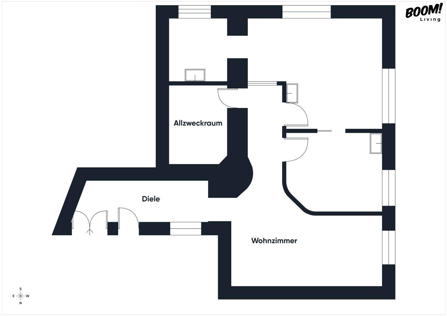 Grundriss zeigt einen Allzweckraum, Diele und ein Wohnzimmer.