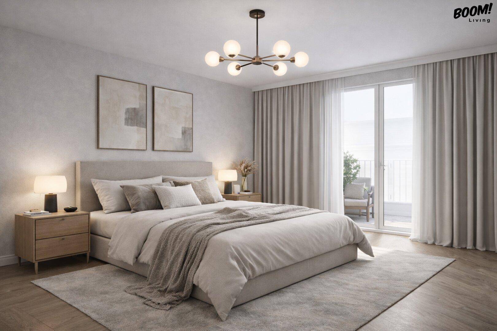 Helles Schlafzimmer mit großem Bett, Holzboden und Zugang zu einem Balkon durch eine Glastür.