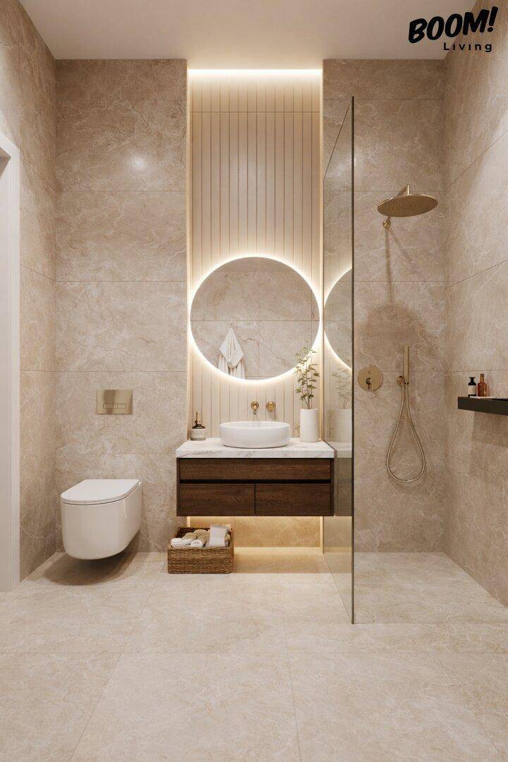 Elegantes Badezimmer mit großen Fliesen, einer begehbaren Dusche, Wand-WC und beleuchtetem Spiegel.