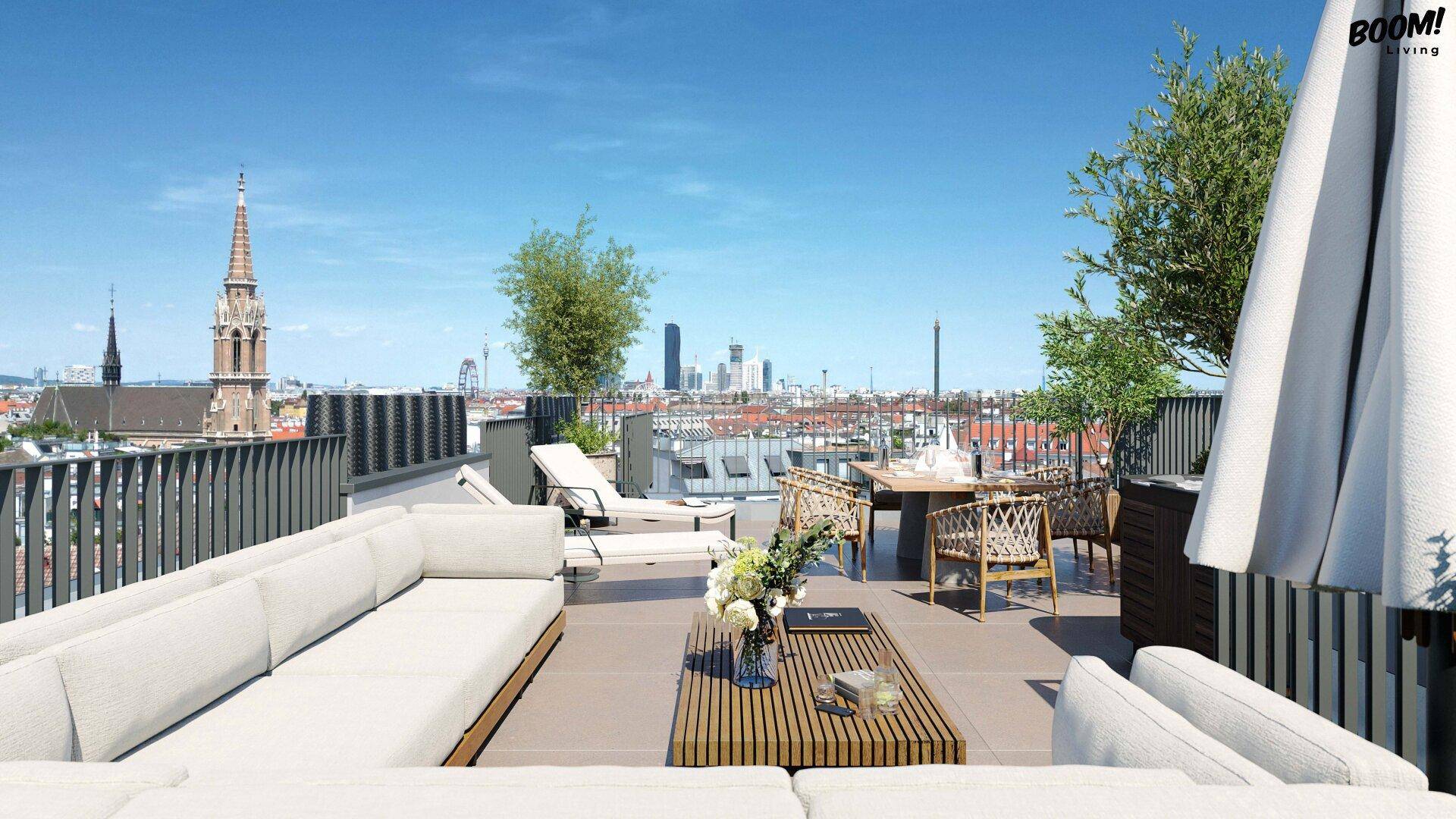 Weitläufige Dachterrasse mit bequemen Lounge-Möbeln, Essbereich und Panoramablick über die Stadt.
