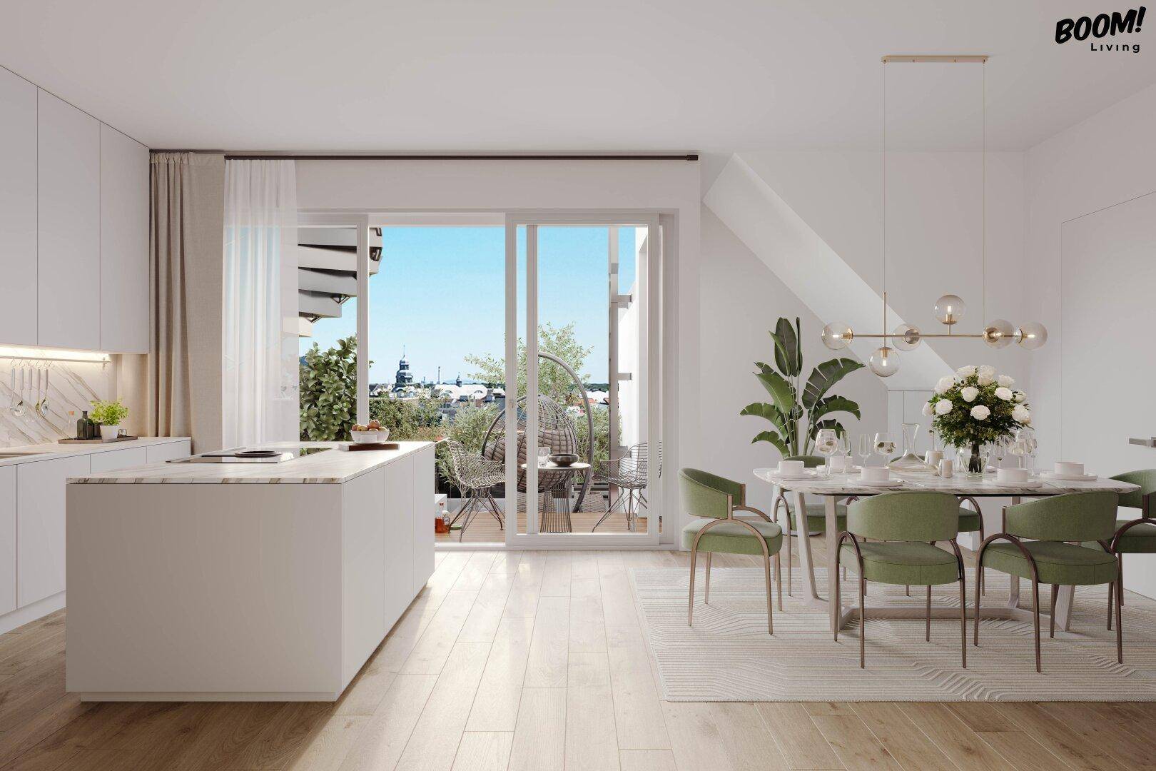 Offener Wohnbereich mit moderner Küche, Kücheninsel und großem Schiebefenster zur Terrasse mit Stadtblick.