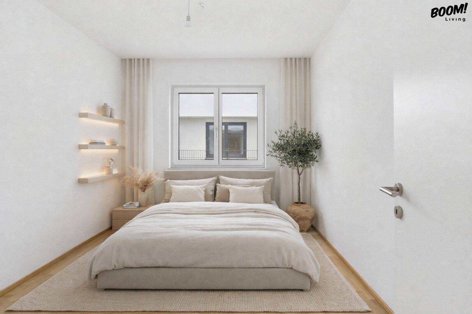 Modern eingerichtetes Schlafzimmer mit hellem Holzboden und großem Fenster.
