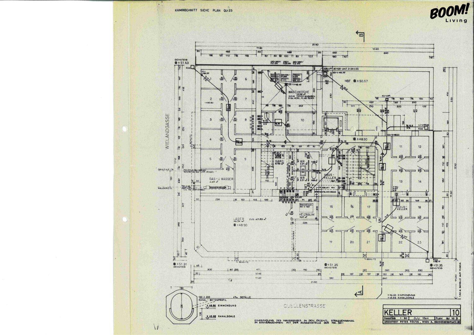 Detaillierter Grundriss des Kellers mit verschiedenen Abstellräumen und technischen Installationen.