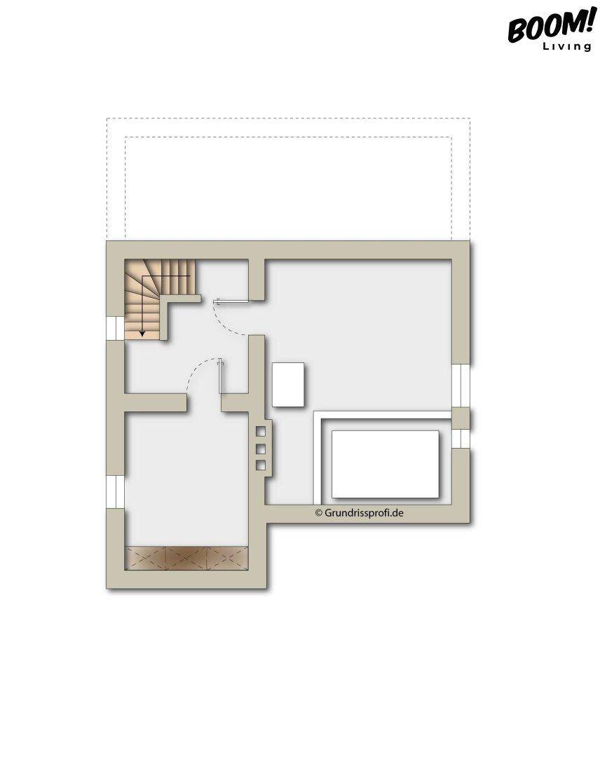 Grundriss eines Obergeschosses mit Treppenaufgang und Raumaufteilung.