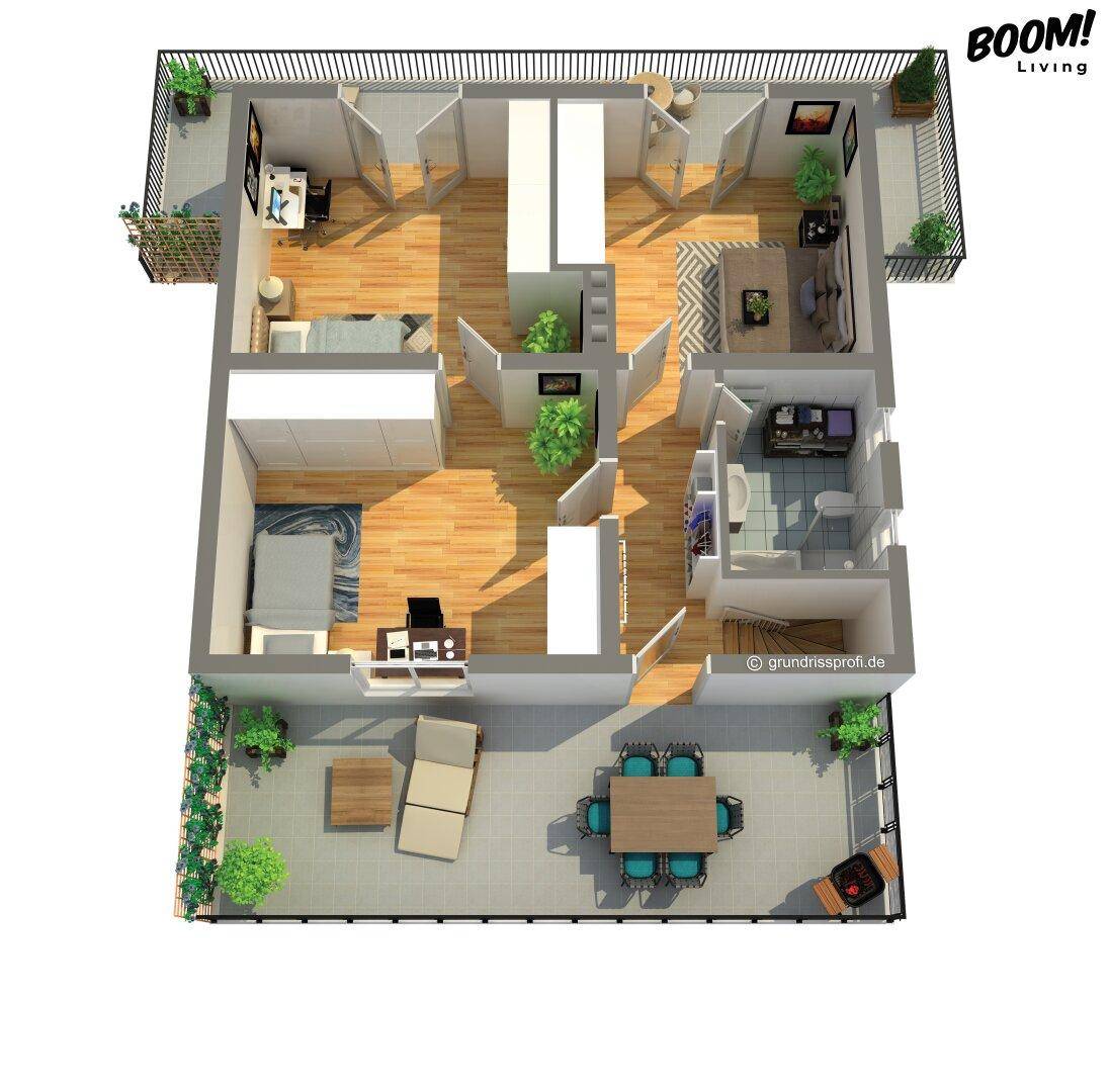 3D-Grundriss des Obergeschosses mit Schlafzimmern und großem Balkon.
