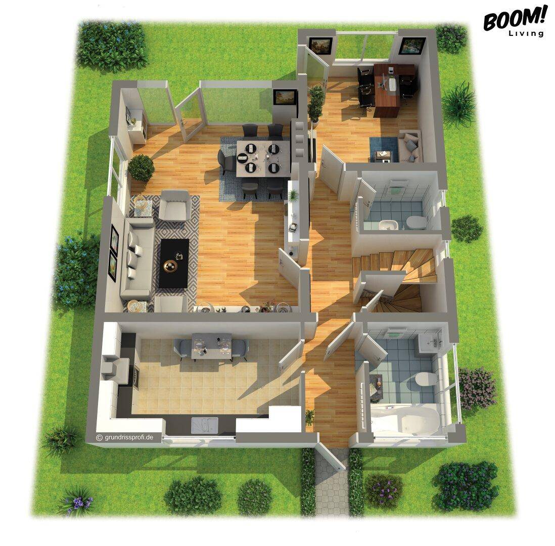 3D-Grundriss des Erdgeschosses mit offenem Wohnbereich und Garten.