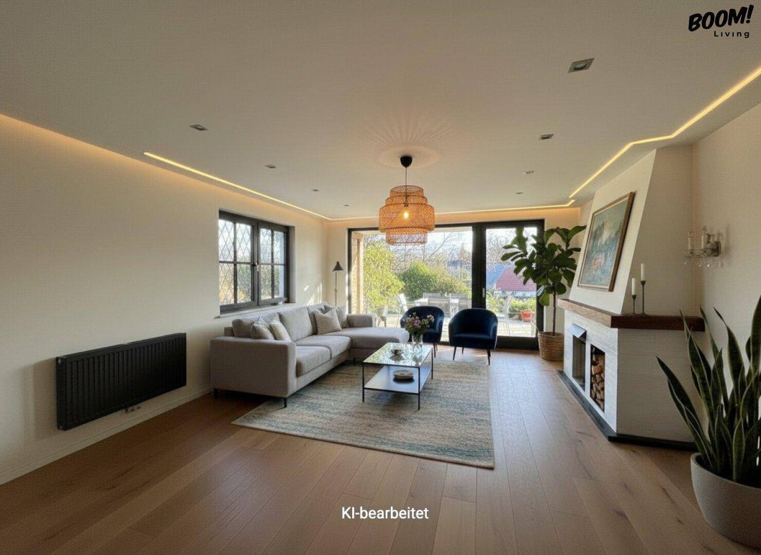 Modernisiertes Wohnzimmer mit Holzboden, Kamin und indirekter Beleuchtung.