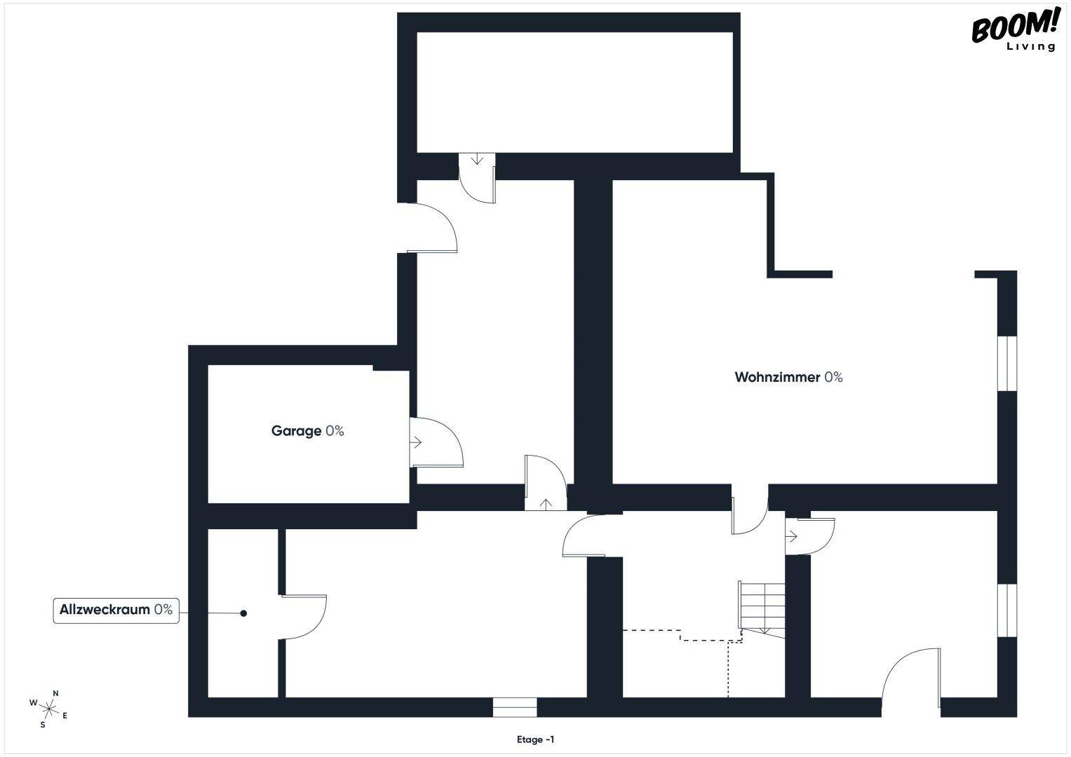 Grundriss des Untergeschosses (Etage -1) mit Garage und Wohnzimmerbereich.