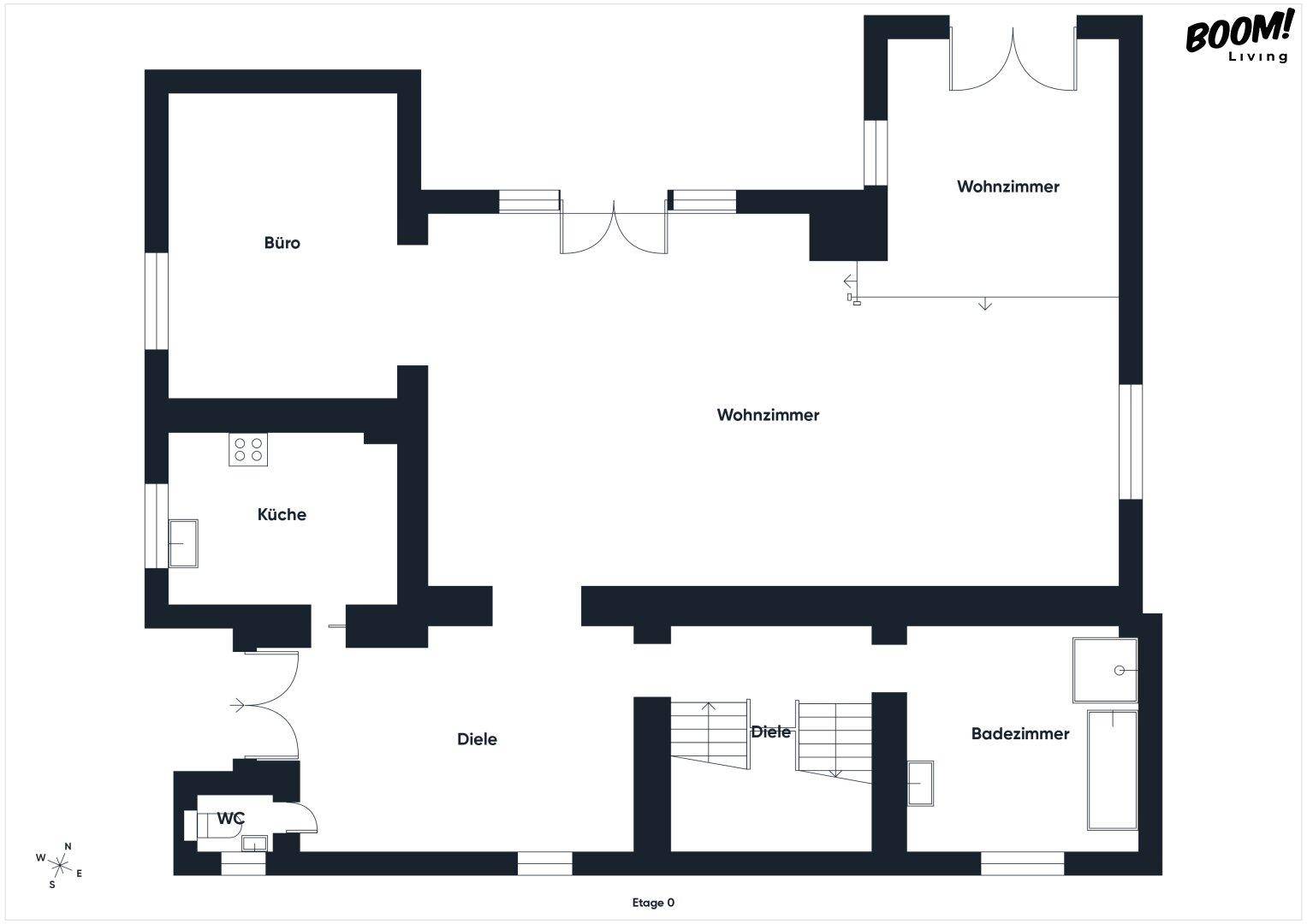 Grundriss des Erdgeschosses (Etage 0) mit Küche, Badezimmer und Wohnzimmer.