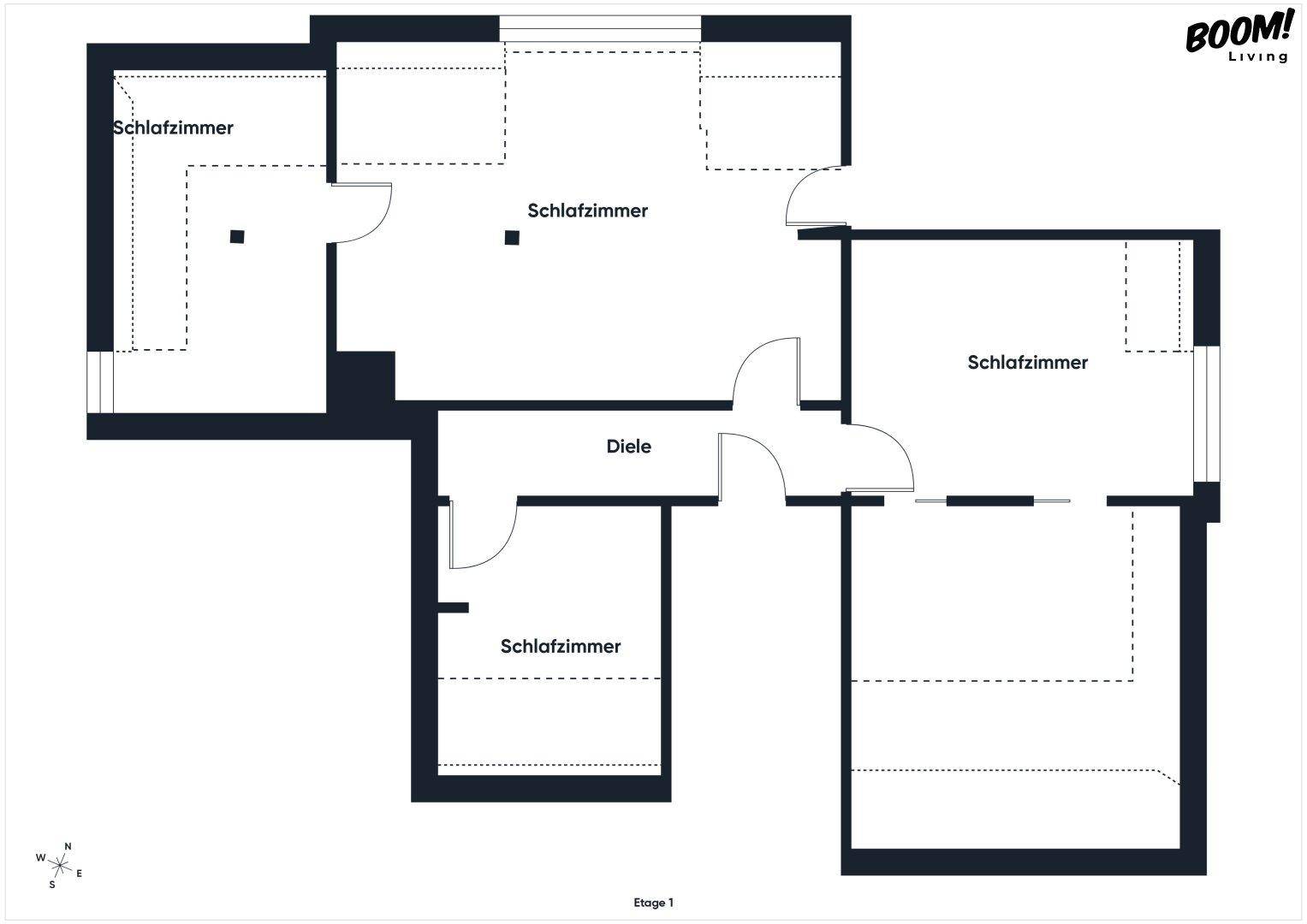 Grundriss des Obergeschosses (Etage 1) mit mehreren Schlafzimmern und Diele.